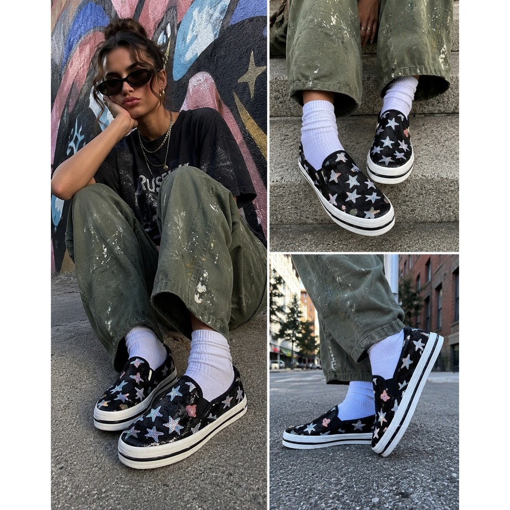 Keds‎ KateSpade Festival Boho TripleDecker SequinStars HeartsBlack 8.5B Sneakers